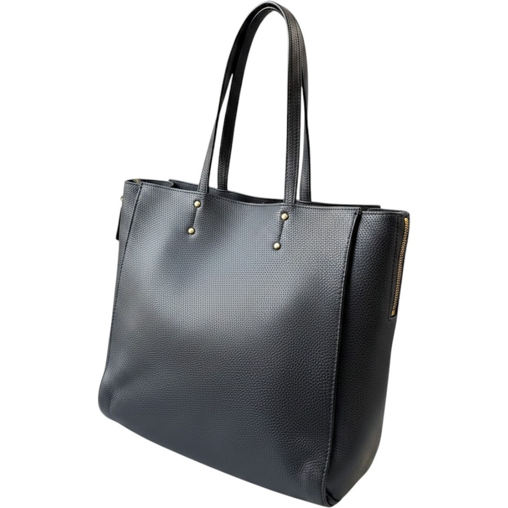 Ann Taylor Navy Blue Pebbled Faux Leather Expandable Tote Bag Gold Hardware